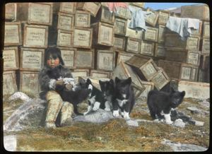 Image: Girl with Dog Pups, Shooegingwa [Suakannguaq Qaerngaaq]